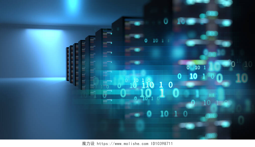 蓝色科技背景机房中的服务器在数据中心中使用服务器机架的服务器机房走廊。3d 生病